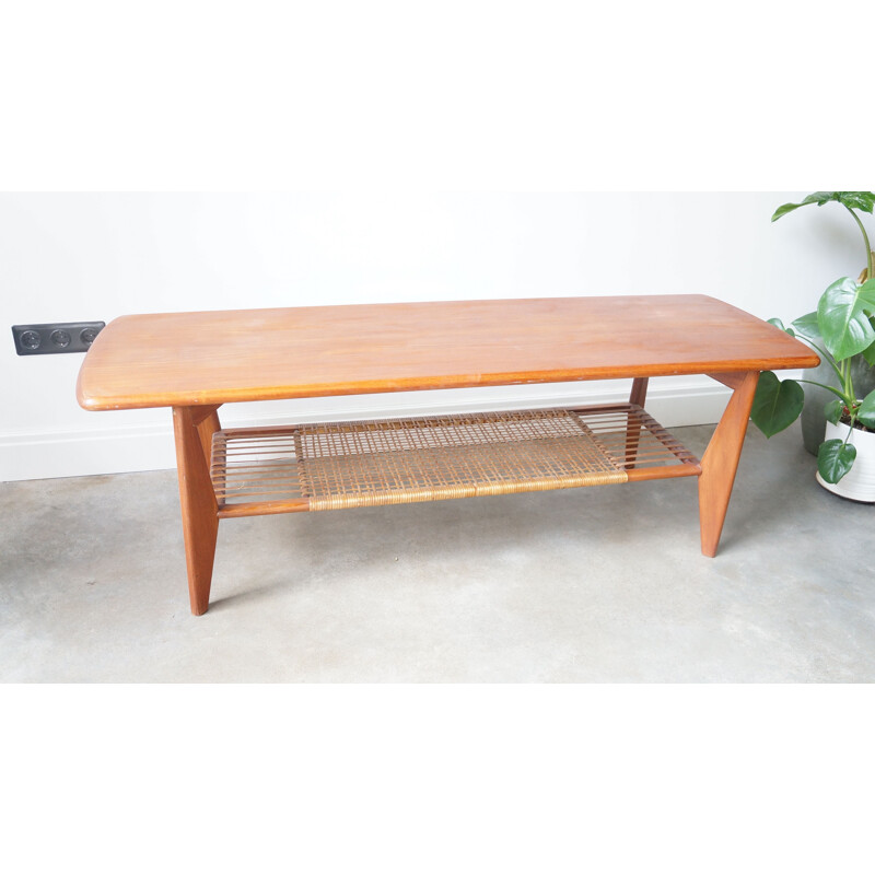 Vintage large Danish teak rattan coffee table 1960