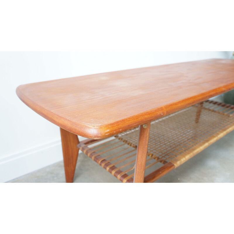 Vintage large Danish teak rattan coffee table 1960
