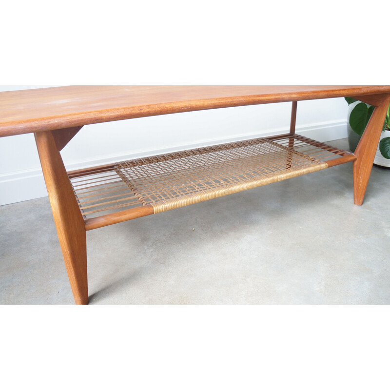 Vintage large Danish teak rattan coffee table 1960