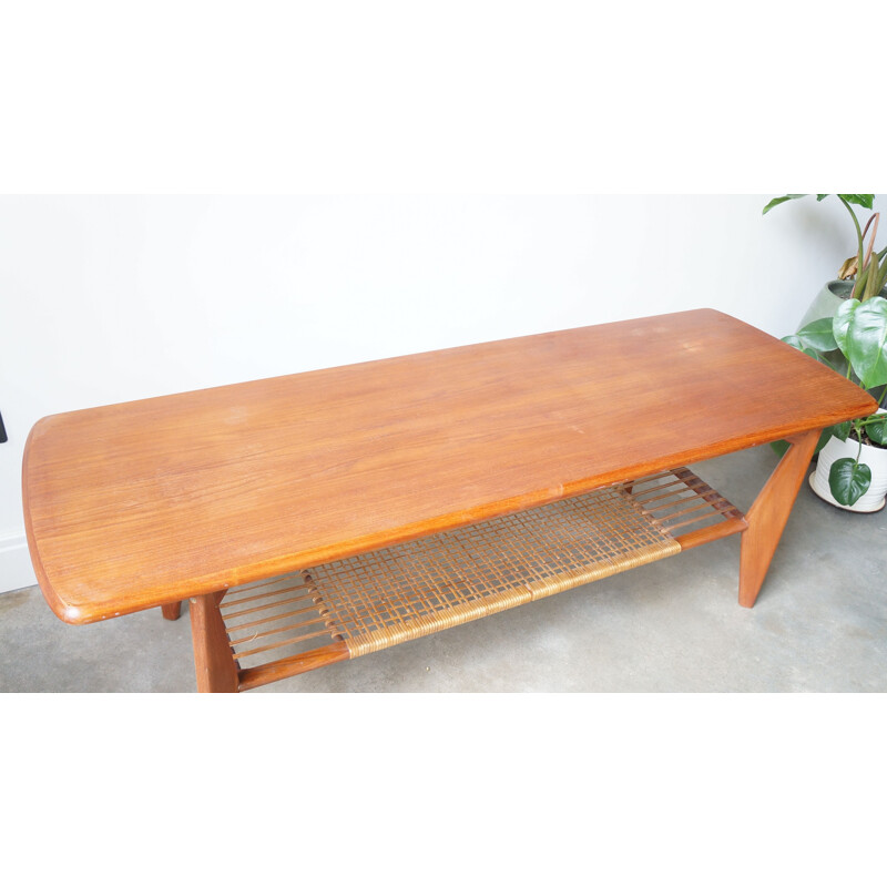 Vintage large Danish teak rattan coffee table 1960