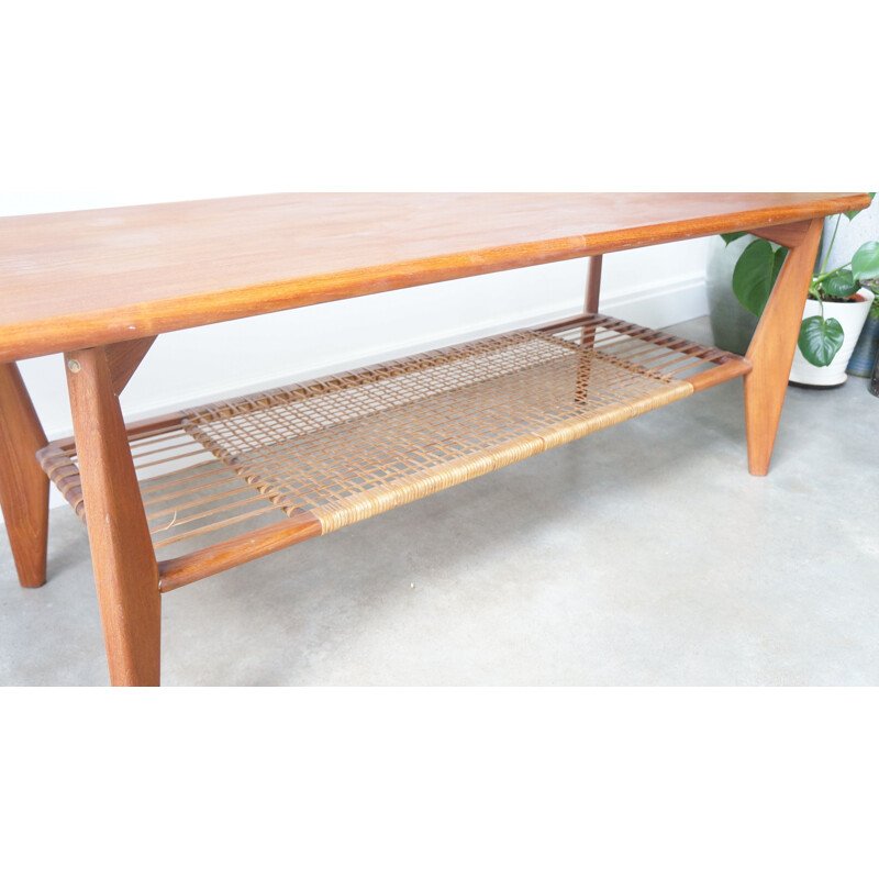 Vintage large Danish teak rattan coffee table 1960