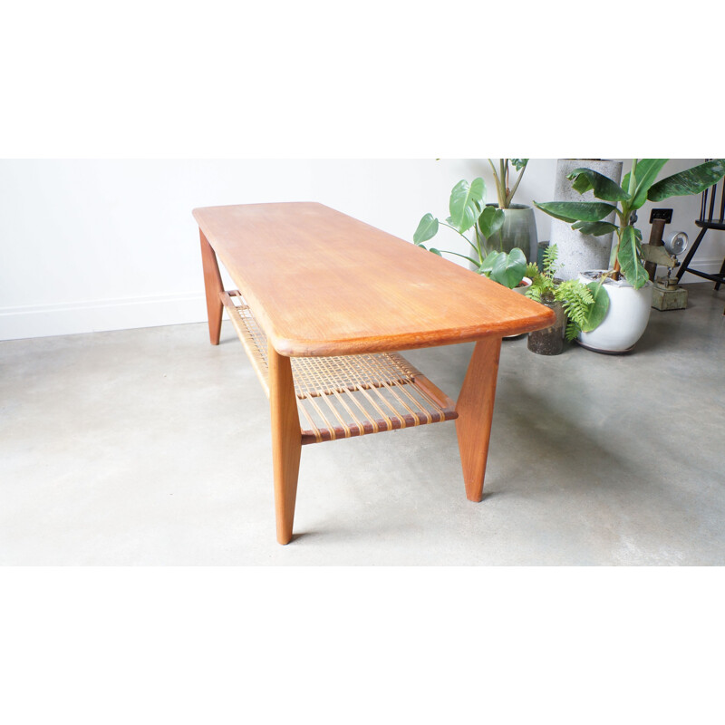 Vintage large Danish teak rattan coffee table 1960