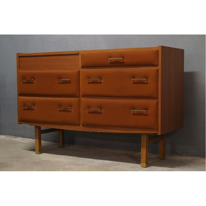 Commode vintage en teck et suédine, Roger LANDAULT - 1960