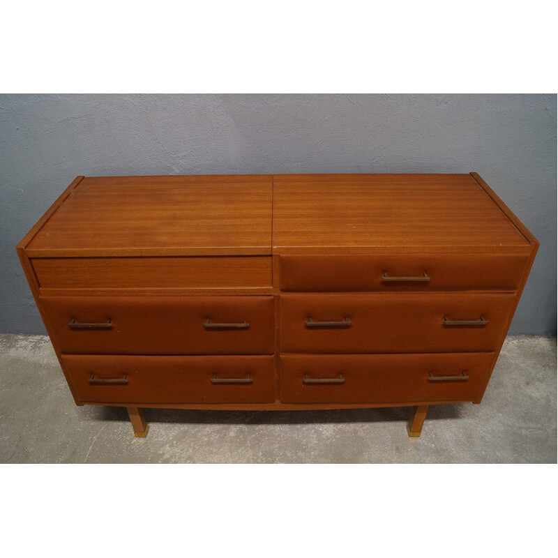 Vintage chest of drawers in teak and suede, Roger LANDAULT - 1960s