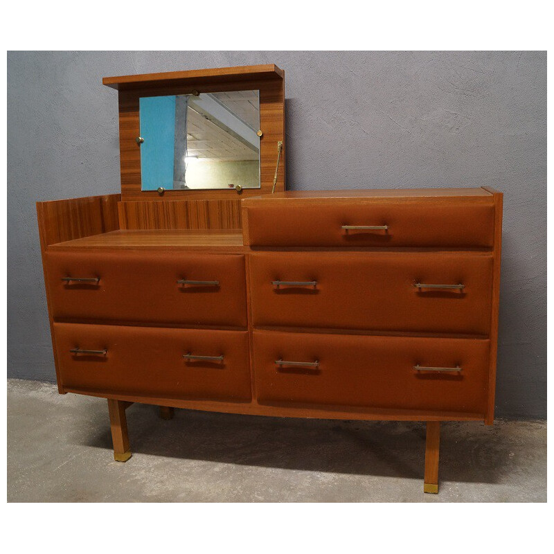 Vintage chest of drawers in teak and suede, Roger LANDAULT - 1960s