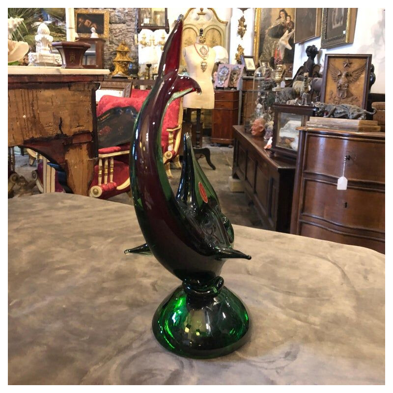 Vintage modern Green and Red Murano Glass Shark, circa 1970