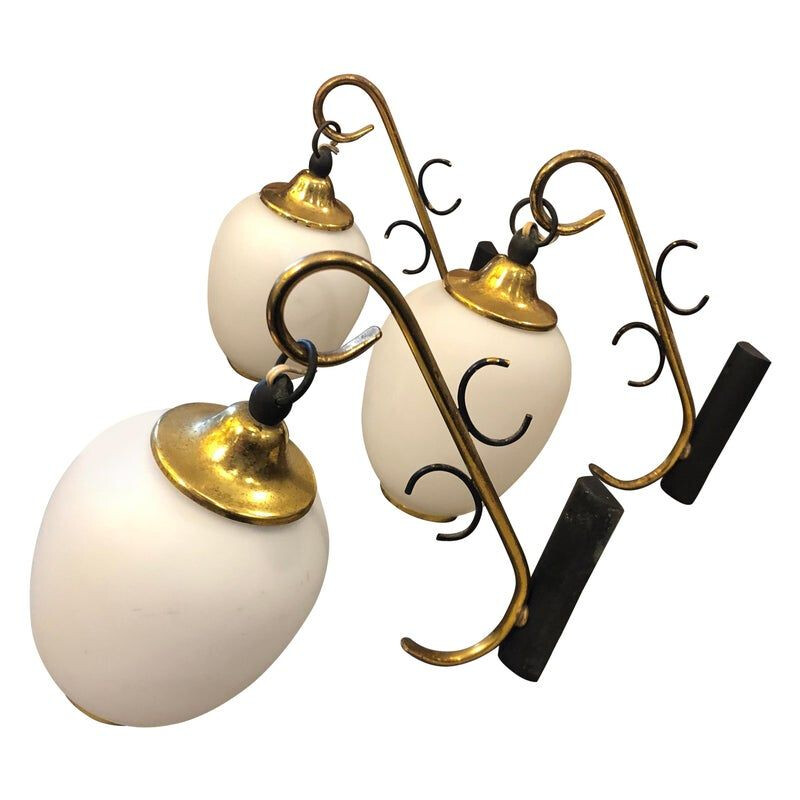 Three Mid-Century Modern Brass and Glass Italian Wall Sconces, circa 1950