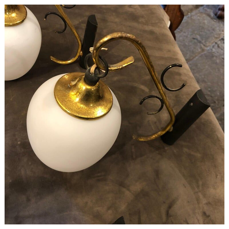 Three Mid-Century Modern Brass and Glass Italian Wall Sconces, circa 1950