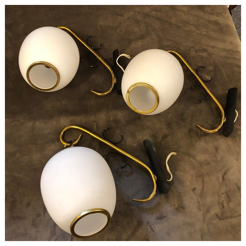 Three Mid-Century Modern Brass and Glass Italian Wall Sconces, circa 1950