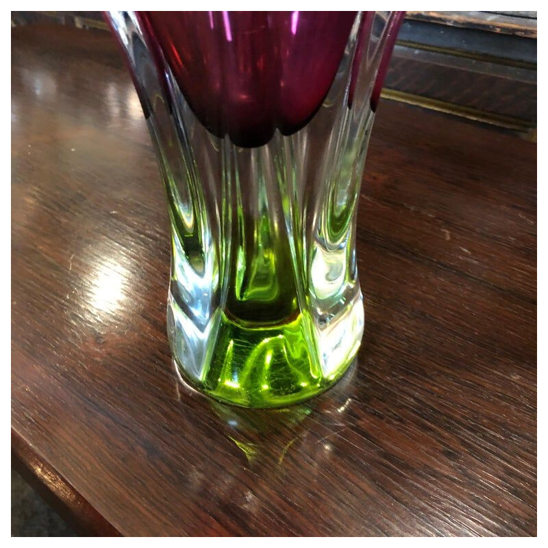 Vintage green and pink glass Bohemian Vase, circa 1970