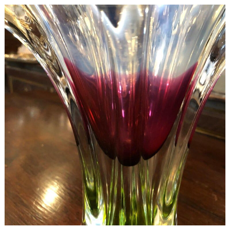 Vase bohème en verre vert et rose vintage, vers 1970