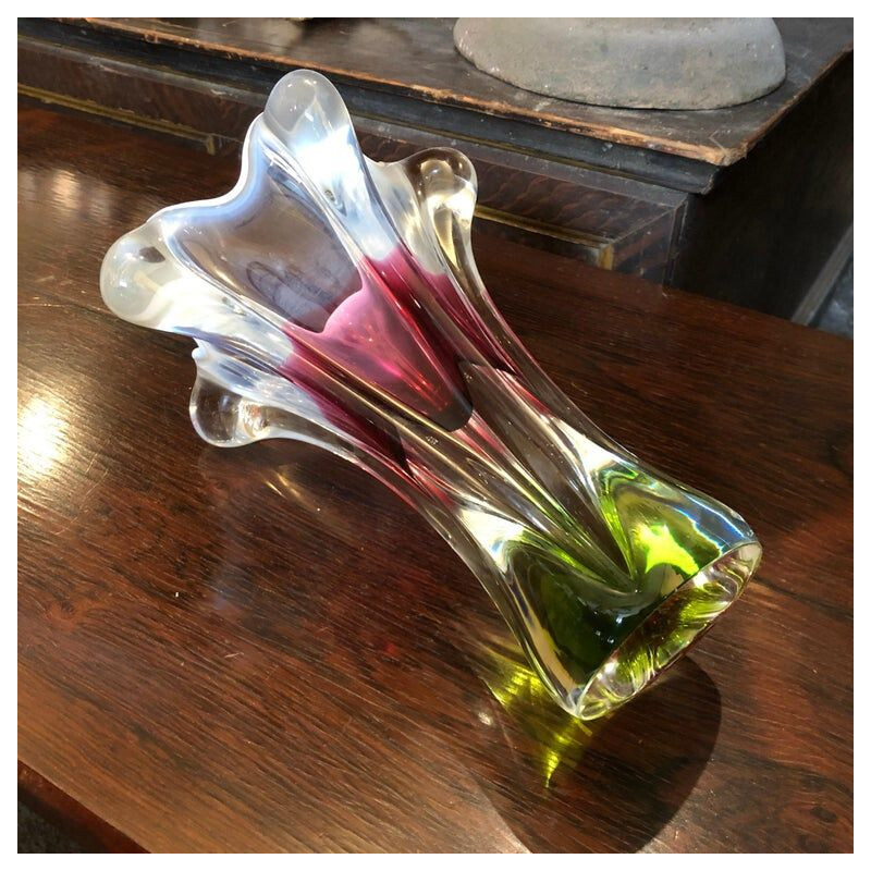 Vintage green and pink glass Bohemian Vase, circa 1970