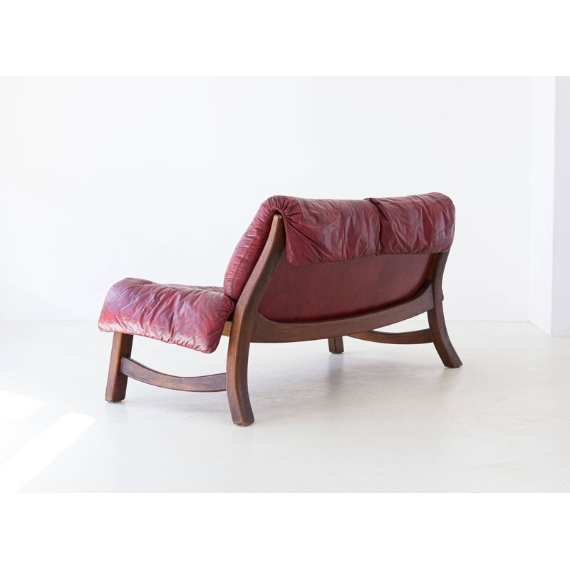 Vintage bordeaux leather with Wooden Frame Sofa 1960