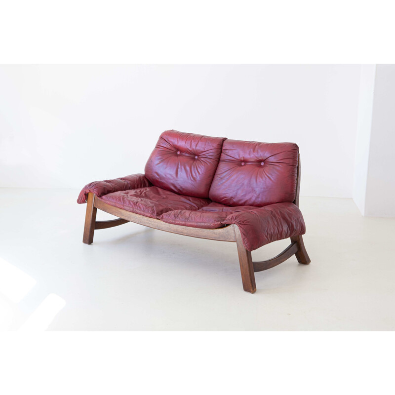 Vintage bordeaux leather with Wooden Frame Sofa 1960