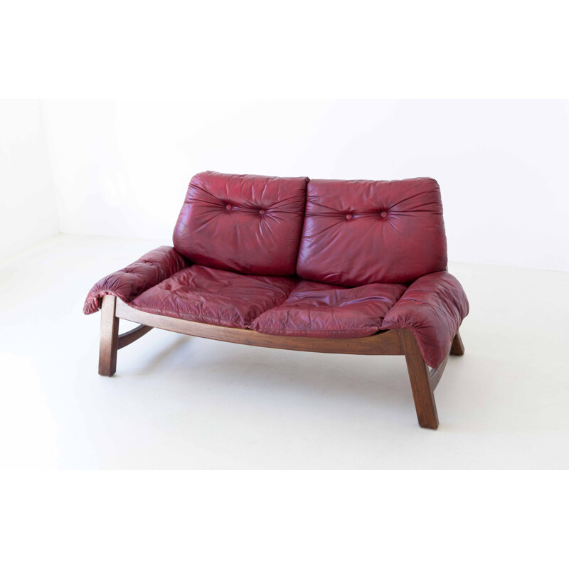 Vintage bordeaux leather with Wooden Frame Sofa 1960