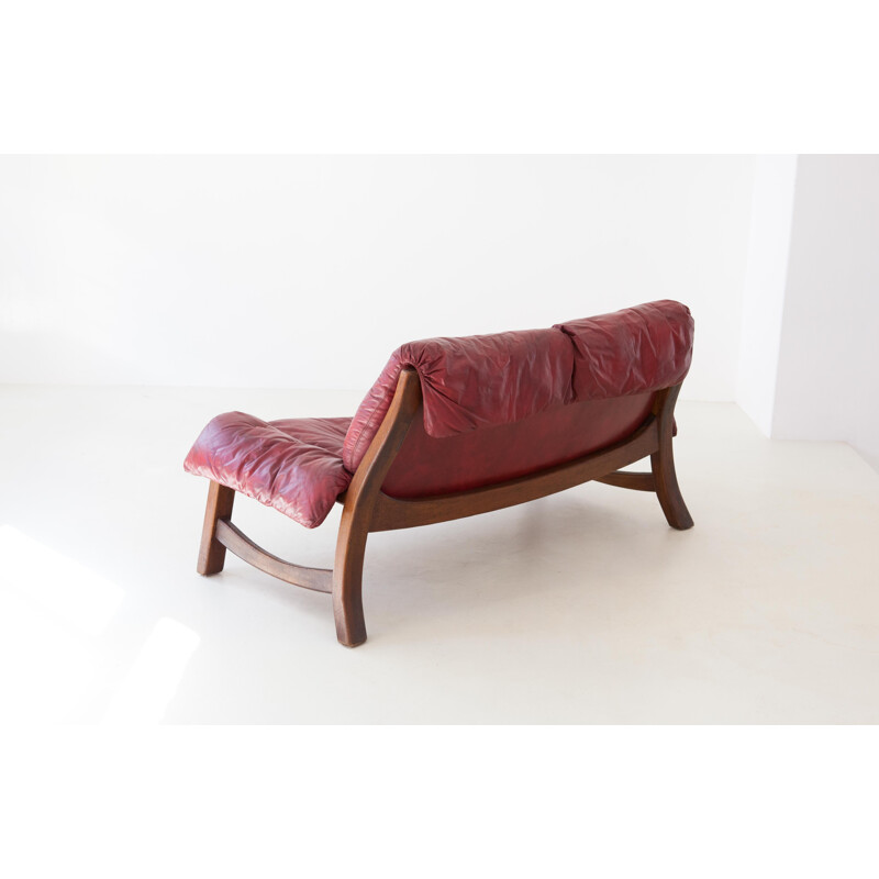 Vintage bordeaux leather with Wooden Frame Sofa 1960
