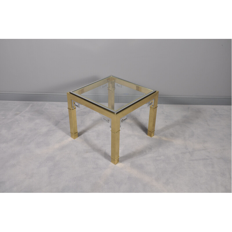 Table basse vintage carré en laiton et verre 1970
