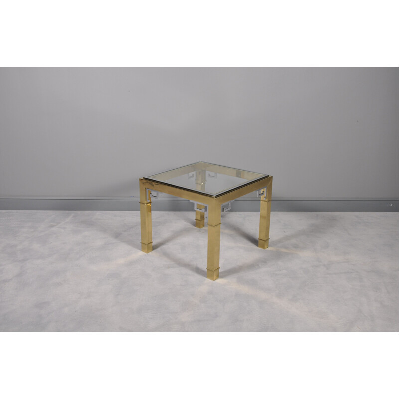 Table basse vintage carré en laiton et verre 1970