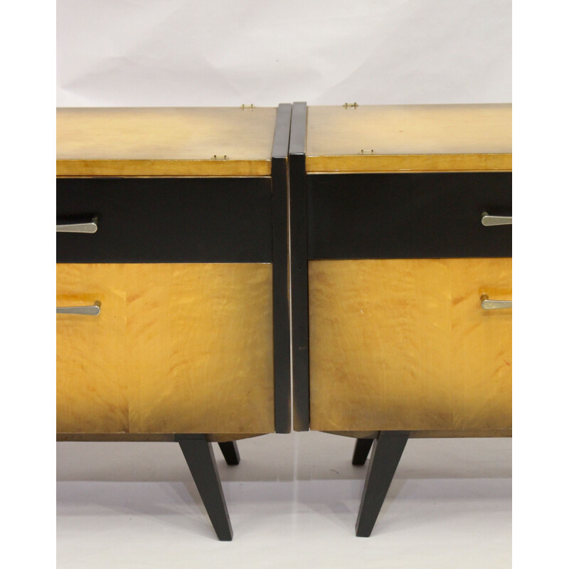 Paire de tables de chevet vintage restaurée pied compas 1950