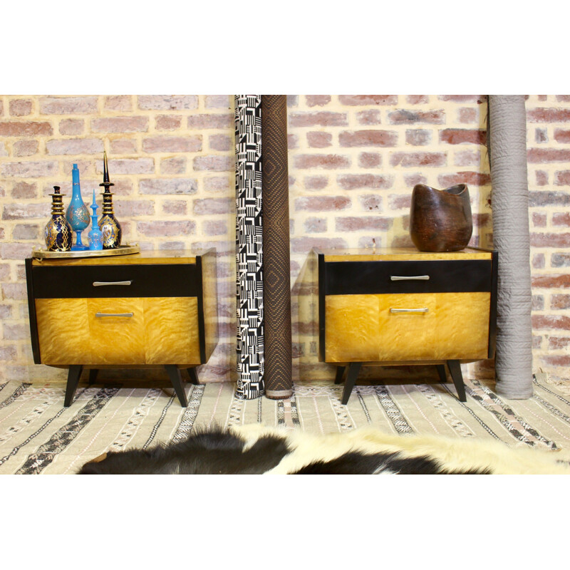 Pair of vintage bedside tables restored compass foot 1950