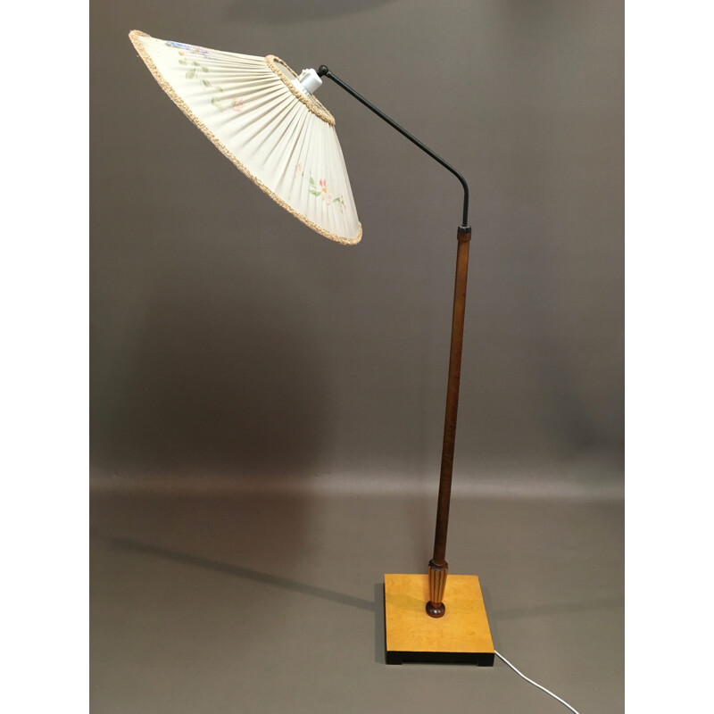 Vintage silk, walnut, modular brass lamp design 1950