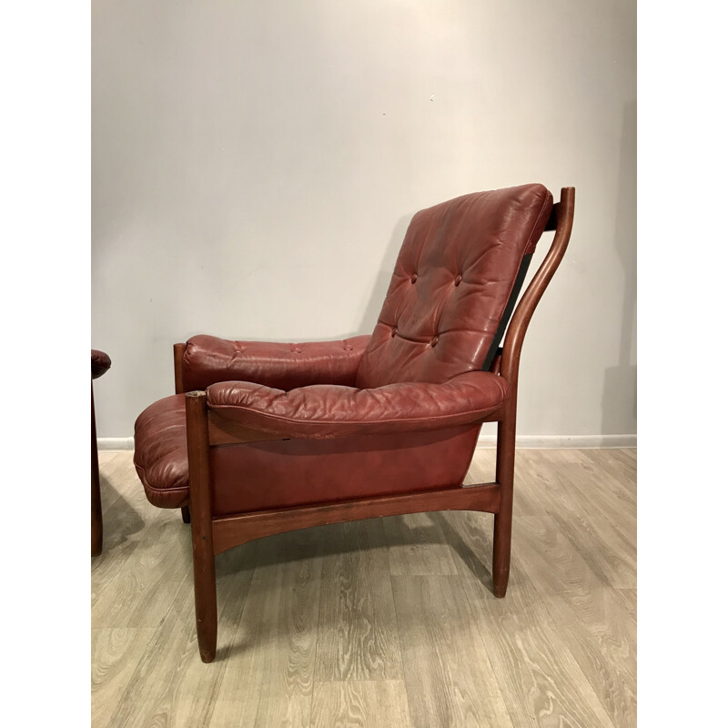 Vintage pair of Scandinavian armchairs in leather, 1970