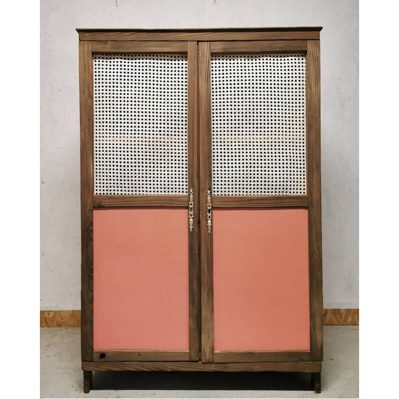 Vintage wooden and cane wardrobe