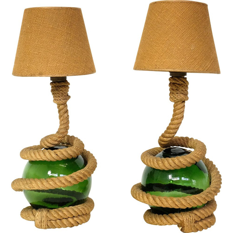 Set of 2 vintage lamps in rope and glass, 1940-50s