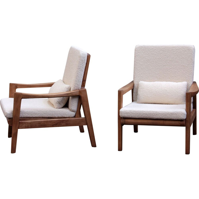 Pair of wooden armchairs and bucklefabric, 1950