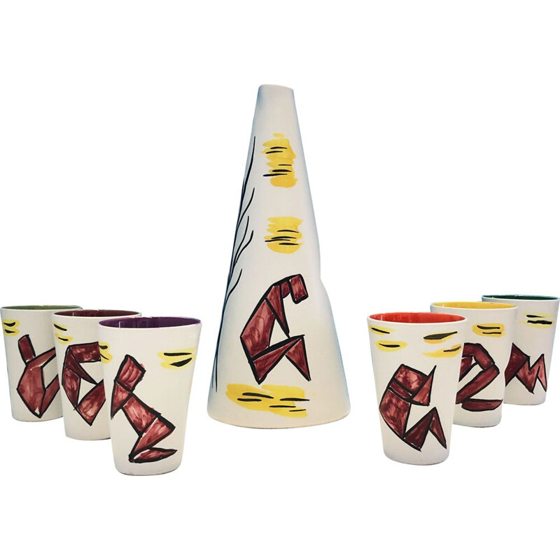 Vintage ceramic service set with Cubist décor, France Vallauris 1960 