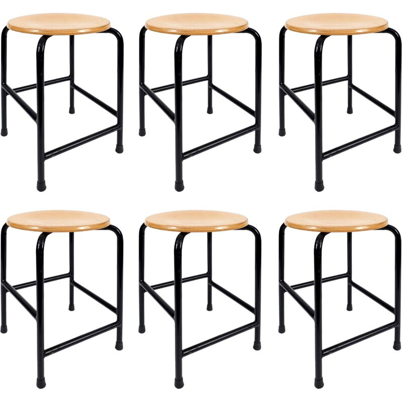Set of 6 vintage wood and iron school stools, 1980s