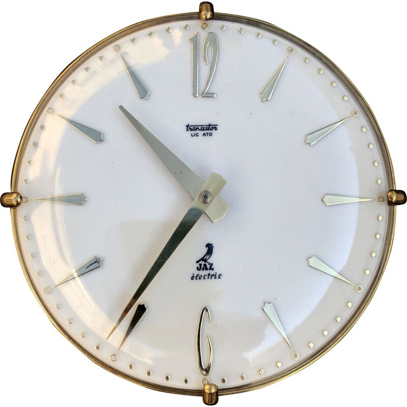 Vintage brass and glass wall clock, Switzerland, 1950