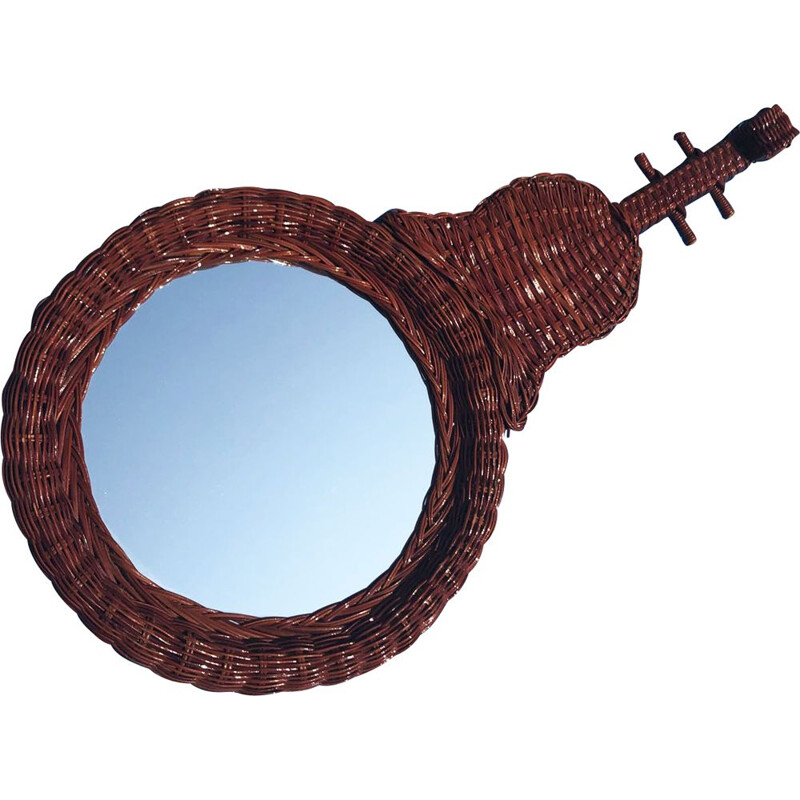 Vintage rattan mirror in the shape of a Spanish guitar, France, 1950