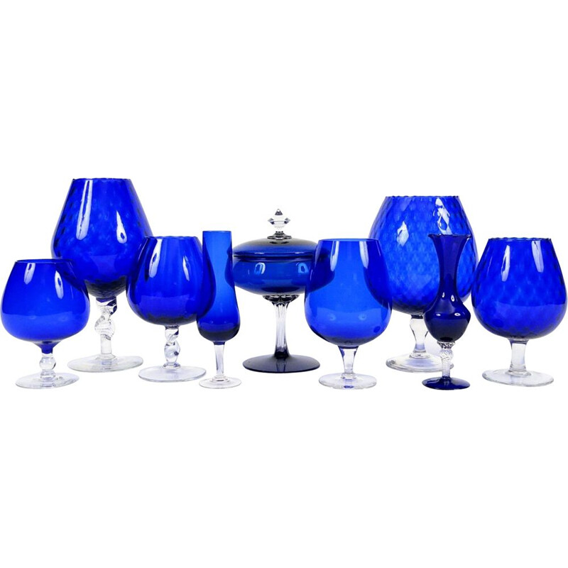 Set of 9 vintage cobalt blue glass pieces