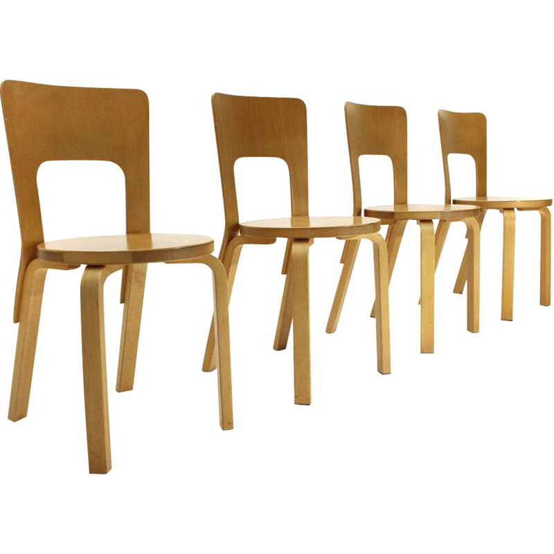 Set of 4 vintage dining chairs "chair 66" in birch wood by Alvar Aalto for Artek , 1970s