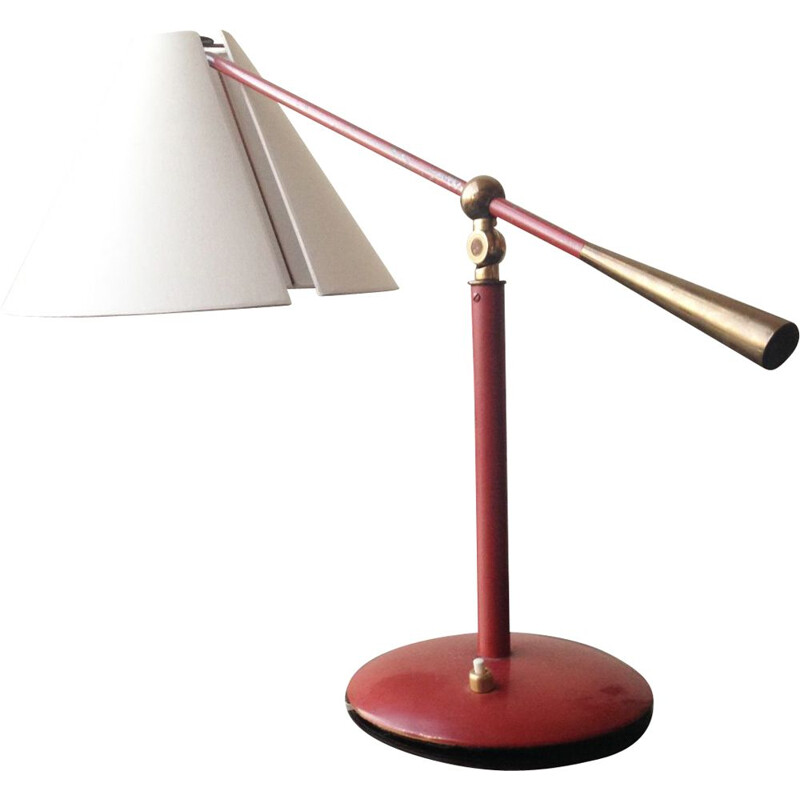 Lampe de bureau vintage en métal laqué rouge et laiton, Italie, 1950 