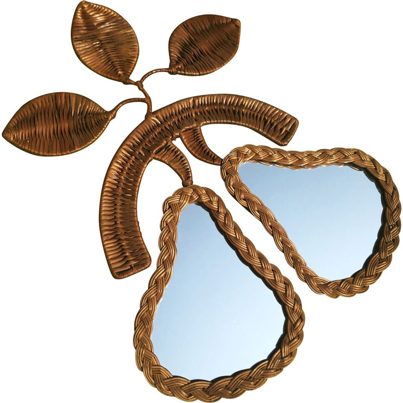 Vintage wall mirror with two rattan pears & glass, France, 1960