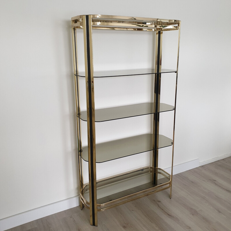 Vintage gold-plated and smoked Glass shelf, 1970s