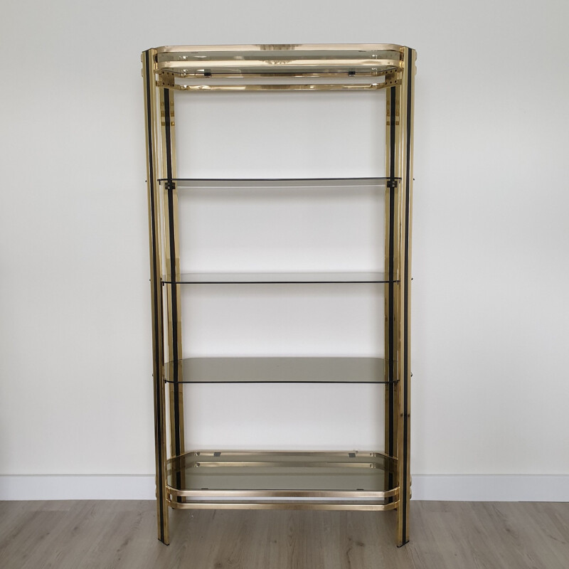 Vintage gold-plated and smoked Glass shelf, 1970s