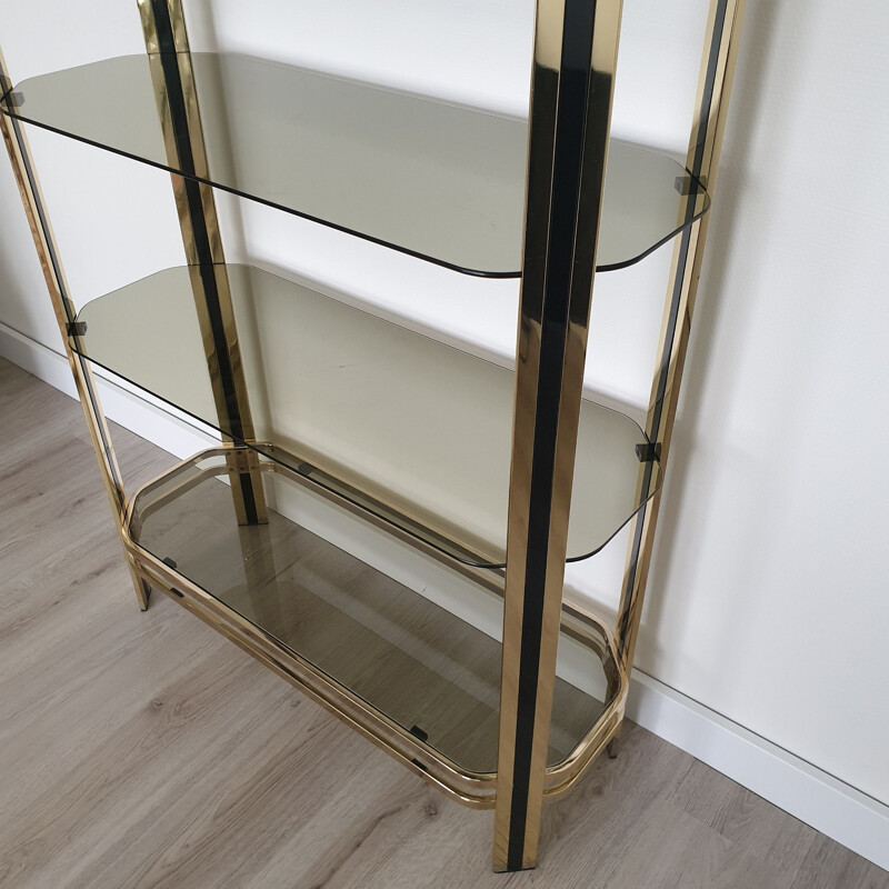 Vintage gold-plated and smoked Glass shelf, 1970s