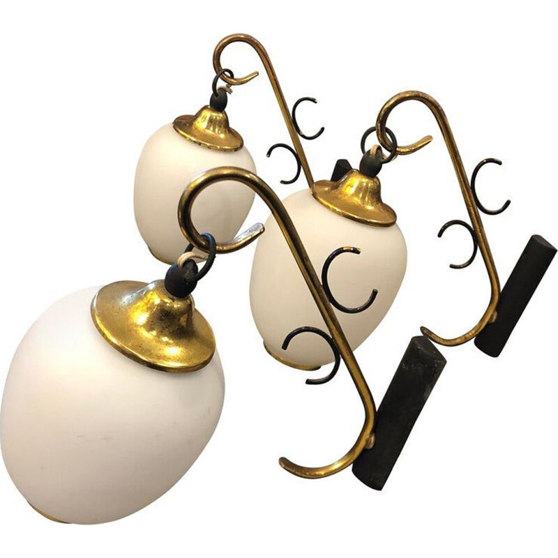 Three Mid-Century Modern Brass and Glass Italian Wall Sconces, circa 1950