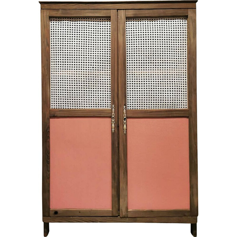 Vintage wooden and cane wardrobe