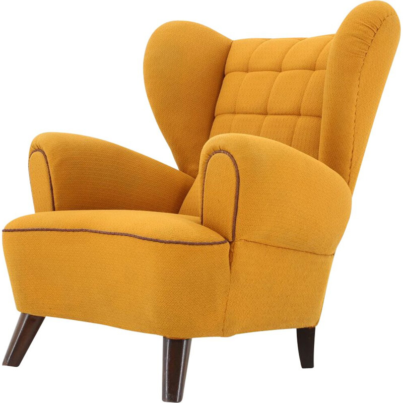 Vintage yellow big wing chair 1950