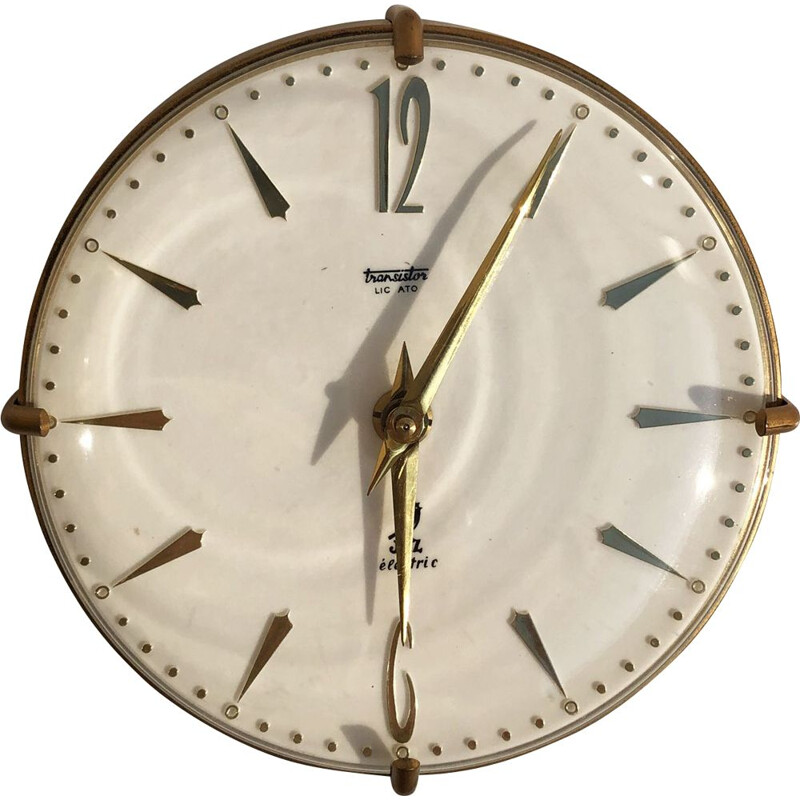 Horloge murale en métal doré et verre Suisse vintage 1950
