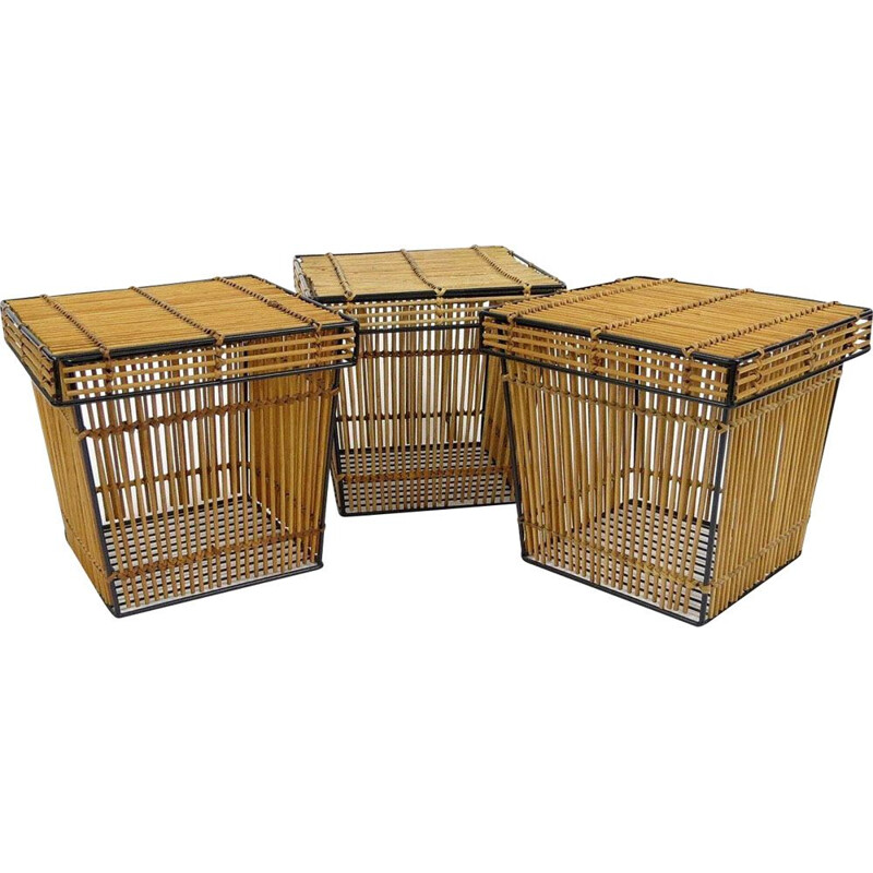 Set of 3 vintage dutch rattan and iron boxes from Rohe Noordwolde, 1960s