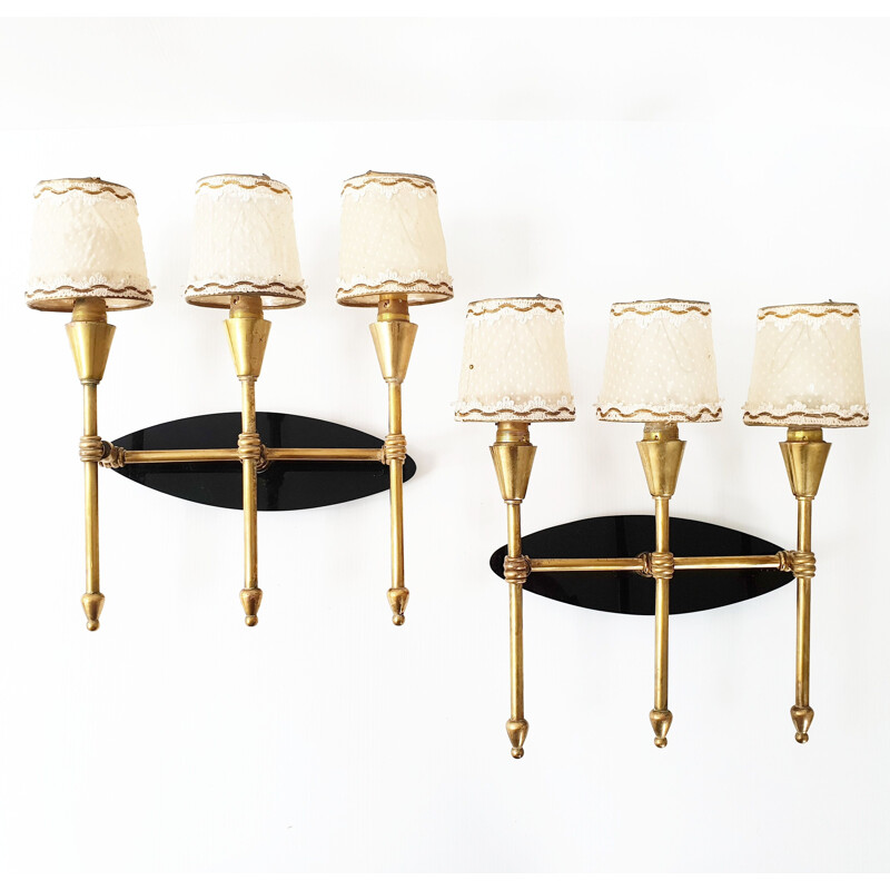 Pair of vintage brass & plexiglass wall lights, 1950 