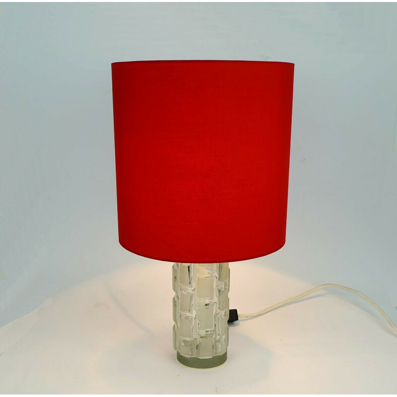 Vintage table lamp with glass base and red shade, 1960s