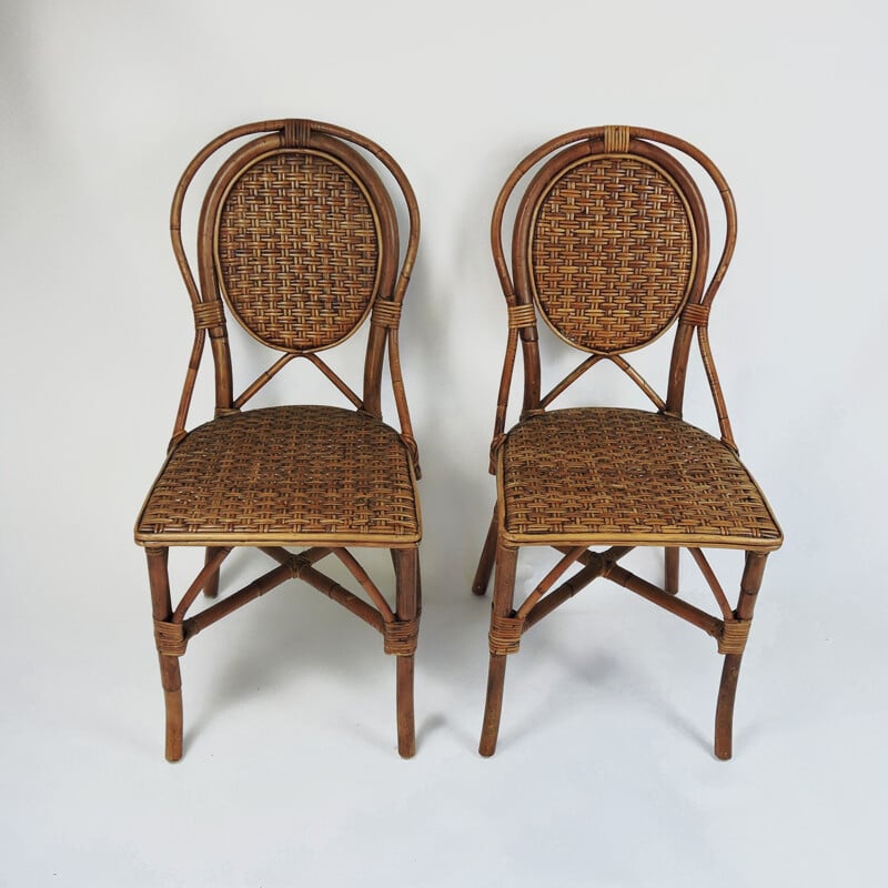 Ensemble de 4 chaises à repas vintage en rotin avec un style bistro parisien, 1990