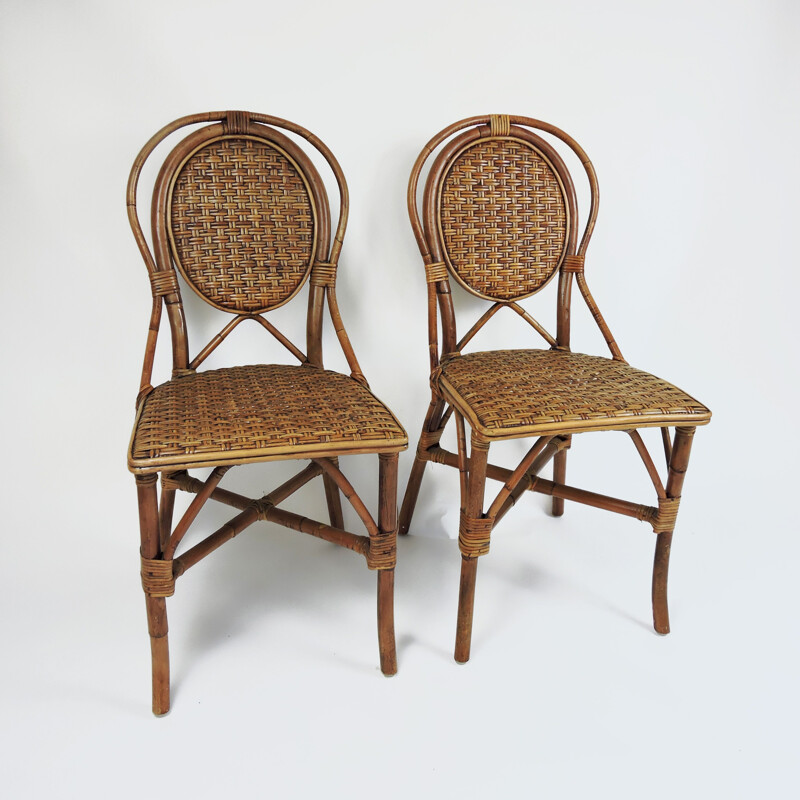 Set of 4 vintage parisian cafe rattan dining chairs, 1990s