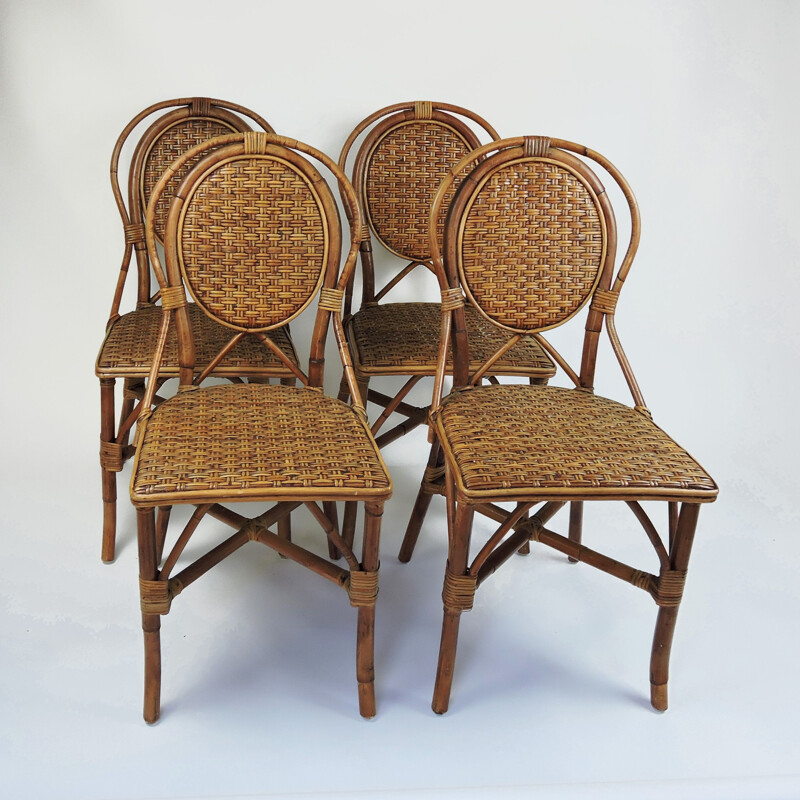 Set of 4 vintage parisian cafe rattan dining chairs, 1990s